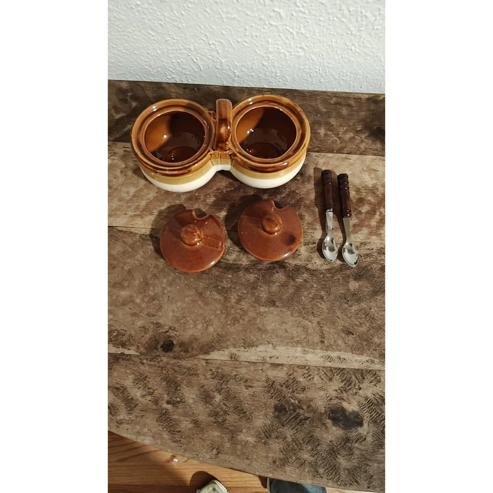Vintage Pottery Stoneware Crock Relish Condiment Set With Lids & Original Spoons